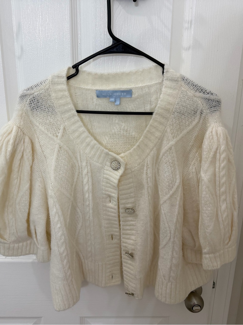 Hill House Cream Cable-Knit Puff Sleeve Cardigan